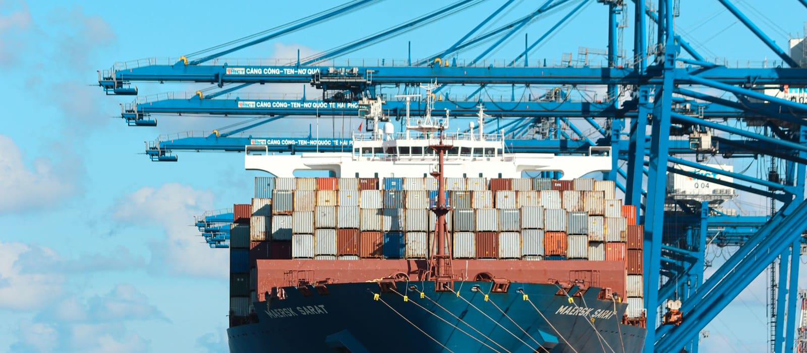 Container vessel berthed under quay cranes at a sea port